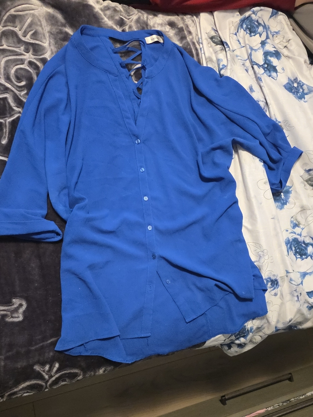 Blue Women's Button-Front Shirt with Lace Back Detail